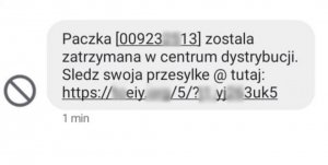 wiadomość sms o rzokomo zatrzymanej paczce w centrum dystrybucyjnym