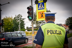 policjant ruchu drogowego stoi w kamizelce, w tle światła i znaki drogowe oraz auta